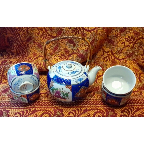 Vintage Japanese Asian Imari Blue White Purple Green Gold Teapot Teacups Set - Picture 1 of 10